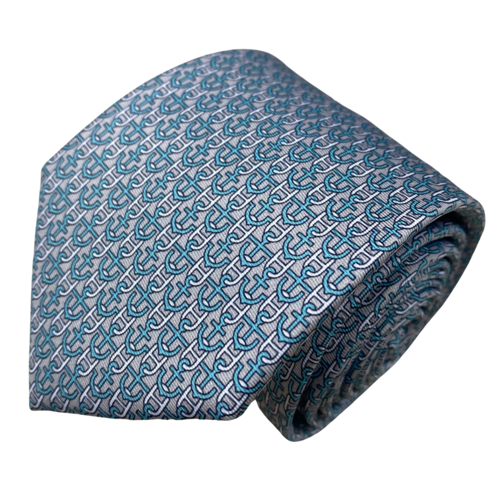 Gravata Semi Slim Cinza e Azul Estampada Toque de Seda