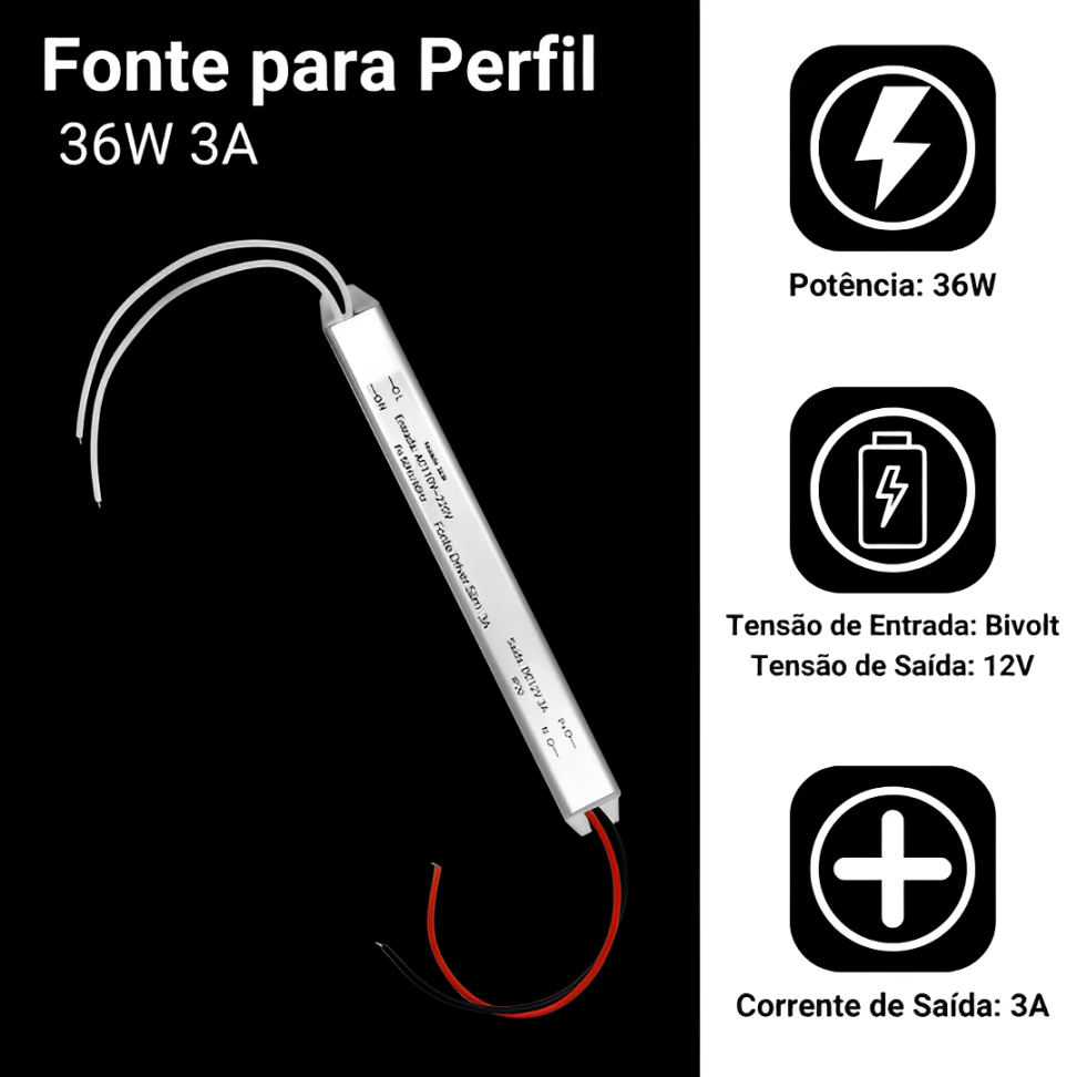 Fonte De Energia Driver Slim Cinza 12V 3A 36W Perfil De Led Sanca Fonte ...