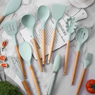Kit C/12 Peças Utensílios De Cozinha Colheres Espatula Silicone Cabo Madeira Decoração Livre BPA -JE001
