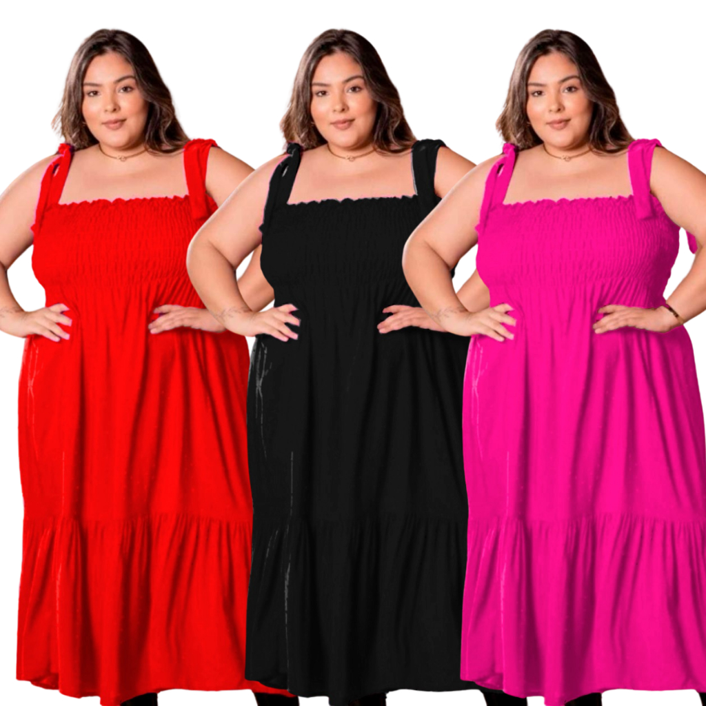 Kit Com 3 Vestidos Plus Size Midi Lastex Alça Larga Ajustável