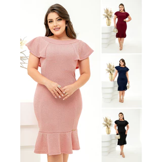 Vestido Festa Elegante Babado Manga Ragram Curto no Joelho