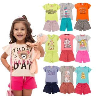 Kit Sortido 10 Peças de Roupas Infantil Menina 5 Camisetas + 5 Bermudas - Conjuntos Feminino Verao