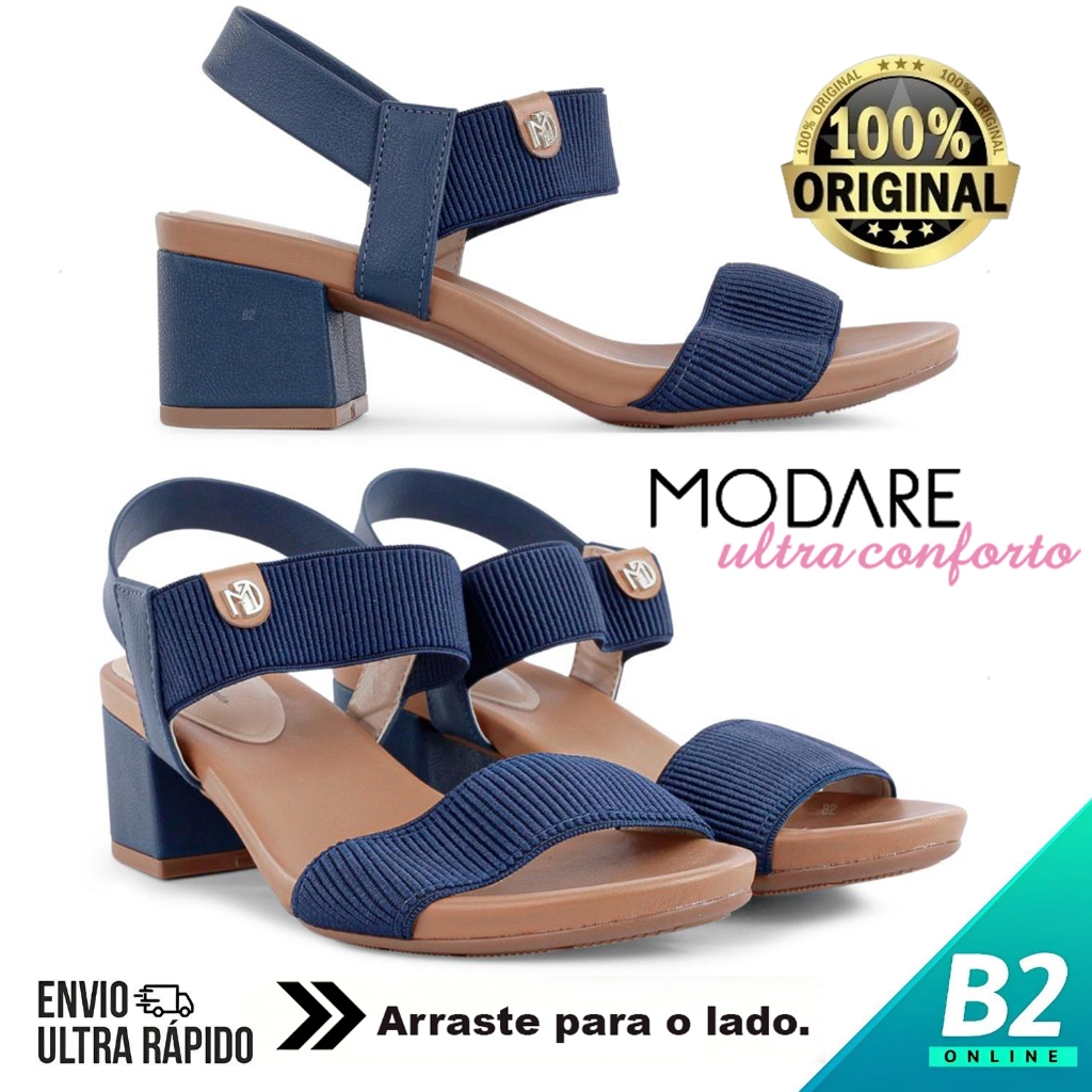 Sandália Modare Salto Bloco Tira Elástico Azul Marinho Feminina 100% ...