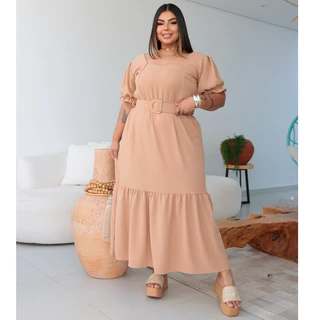 Vestido longo moda feminina tecido duna forrado plus size com cinto