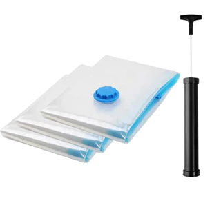 Kit 3 Saco a Vácuo com vávula de Sucção + Bomba de Sucção a Vácuo para Roupas e Alimentos 60x80