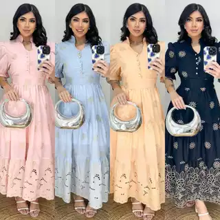Vestido Midi Lese Algodão Bordado Manga Princesa Com Botão Funcional