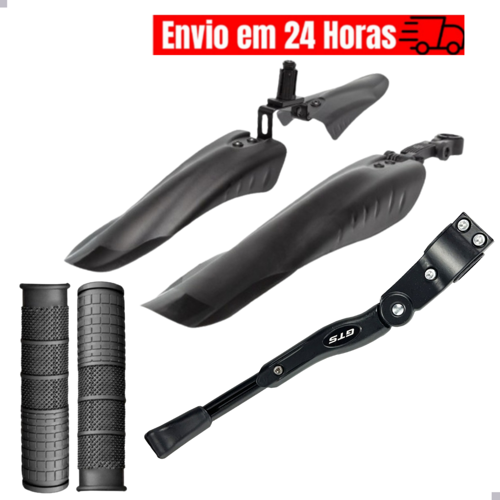 Par Paralama Dianteiro + Traseiro Bike Bicicleta Nylon Aro 26 E 29 Mtb 3 Peças Descanso Lateral Pezinho Regulável Manopla SS PRO