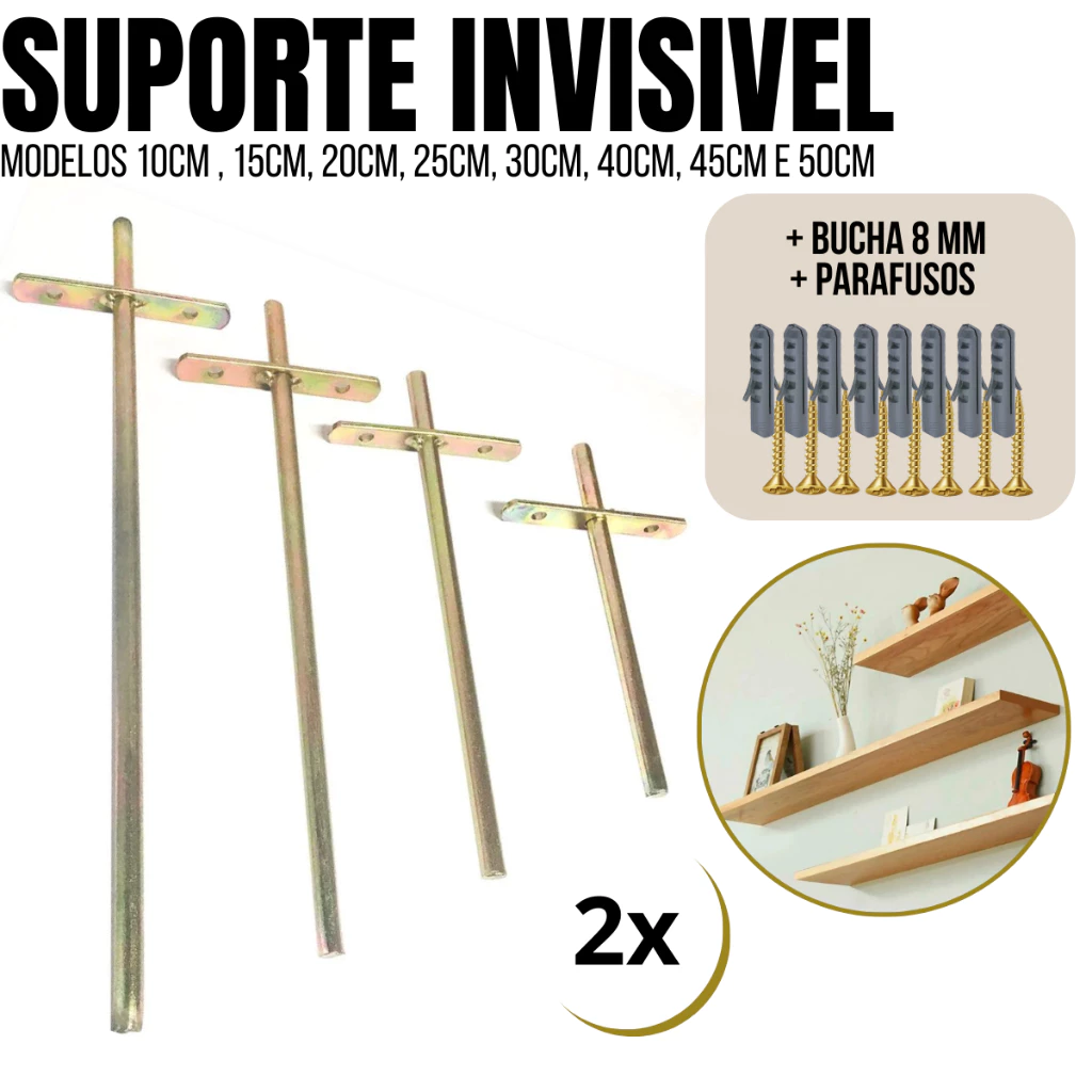 2 Suporte Invisivel Para Prateleira Com Parafuso e Bucha Tamanhos 10cm 15cm 20cm 25cm 30cm 35cm 40cm