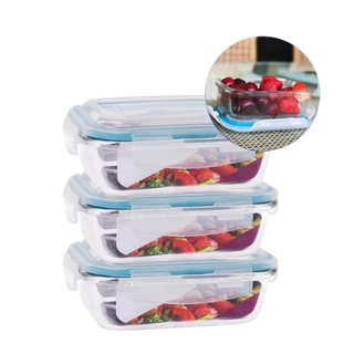 Kit 3 Pote de Vidro Hermético Retangular 370 ml Marmita Microondas Potes Com Trava