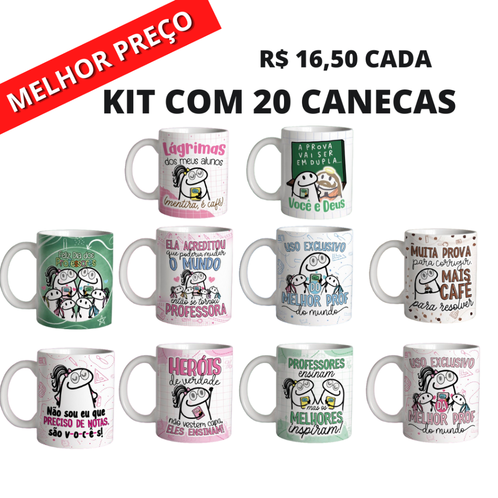 Canecas Dia dos Professores Flork de Porcelana Kit 20 Unidades Vários Modelos Bento Personalizada Atacado Ideal para Cesta Presente Lembrancinha Enfeite