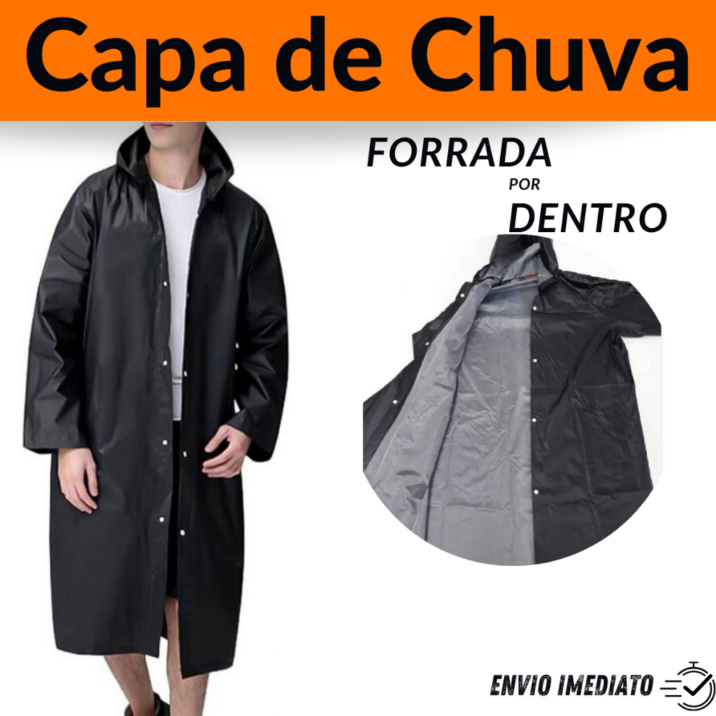 Capa De Chuva Forrada Resistente Impermeável Com Capuz Preta Amarela Tamanho Único