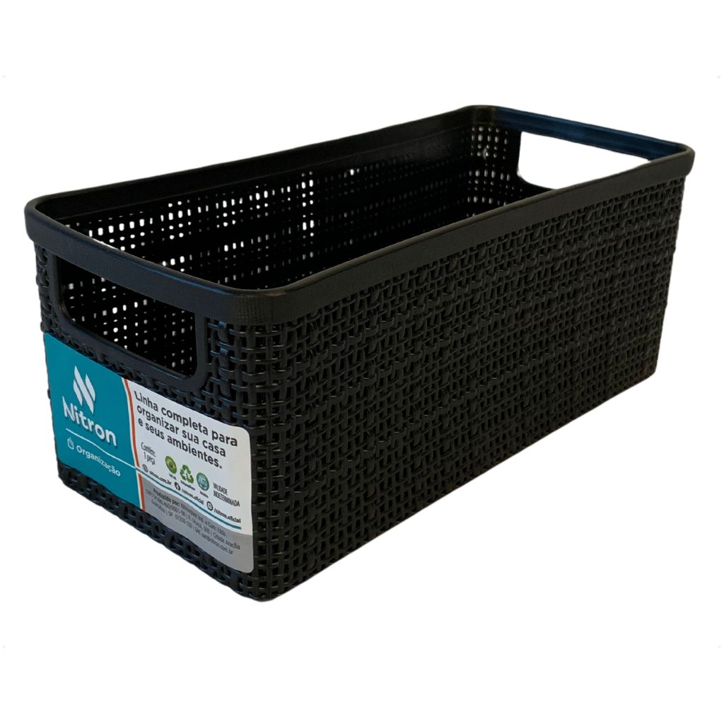 Cesto Juta Alongado Organizador Multiuso Pequeno Preto Plástico 3,2L Retangular Decorativo