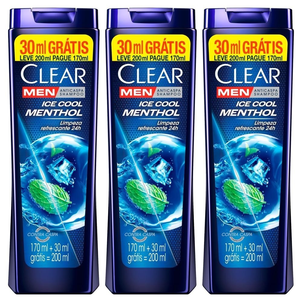 Kit c/3 Shampoo Anticaspa Ice Cool Menthol Clear Men 200ml | Shopee Brasil