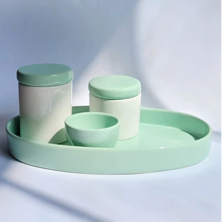Kit Higiene Bebe Porcelana Verde e Branco Bandeja Oval 04 Pçs
