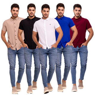 KIT 5 Camisas Masculina lisa Viscose Manga Curta de Botão Estilo Blusa Casual Minimalista