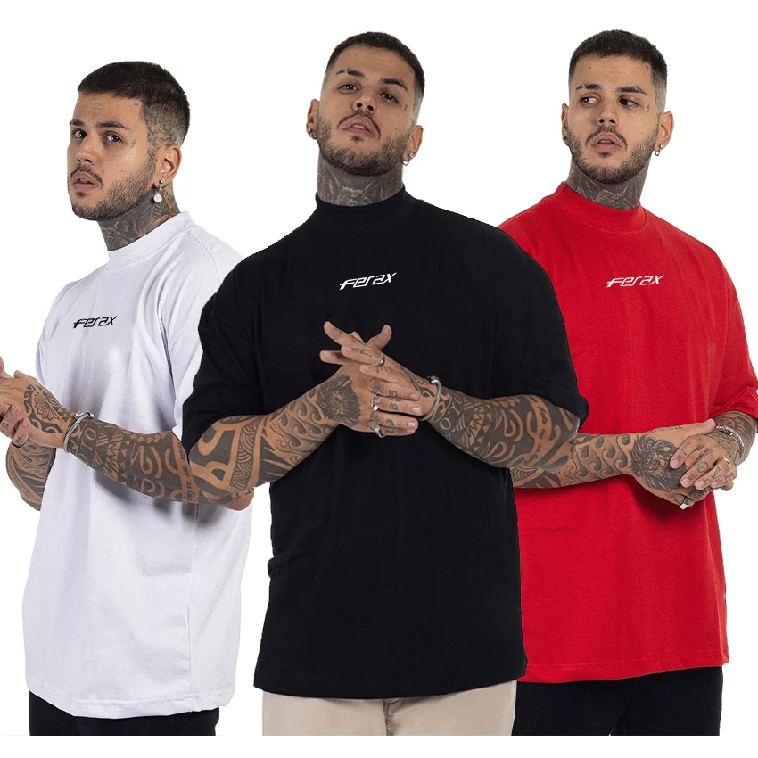 Kit 03 Camisetas Oversized Streetwear Masculina Gola Alta
