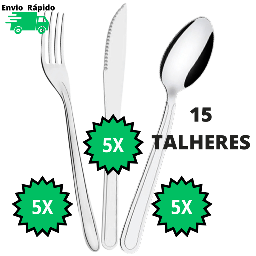 Talheres Inox Kit 15 Peças Com 5 Facas, 5 Garfos 5 Colheres de Mesa ...