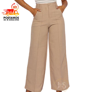Calça Pantalona Linho Feminina Cintura Alta