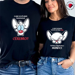 Camiseta Casal Namorados Pink e Cérebro Vamos Conquistar o Mundo