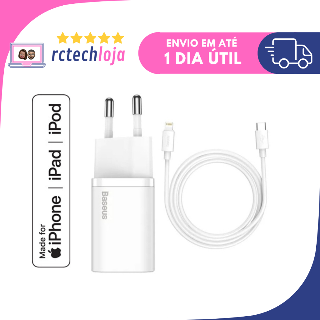 [NO BRASIL 🇧🇷] BASEUS | Carregador PD 20W e cabo para iPhone | Carregador rápido com cabo