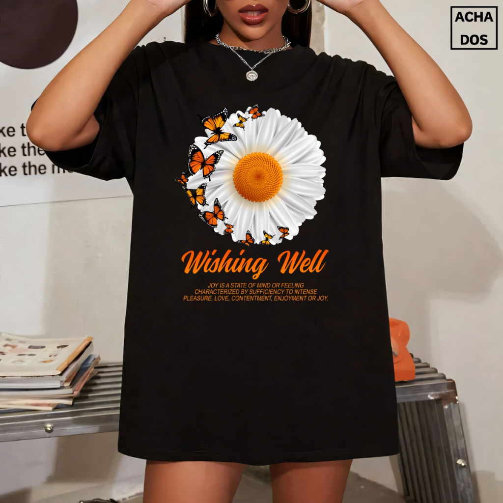 Blusa Oversized Feminina Preta Estampada Flowers Malha Premium Algodão