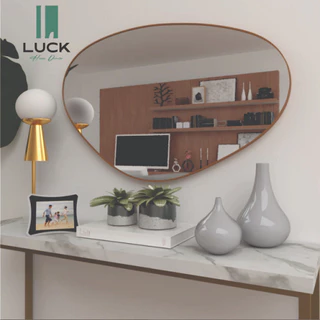 Espelho decorativo Orgânico com Tampo de madeira MDF e borda de Couro + suporte completo