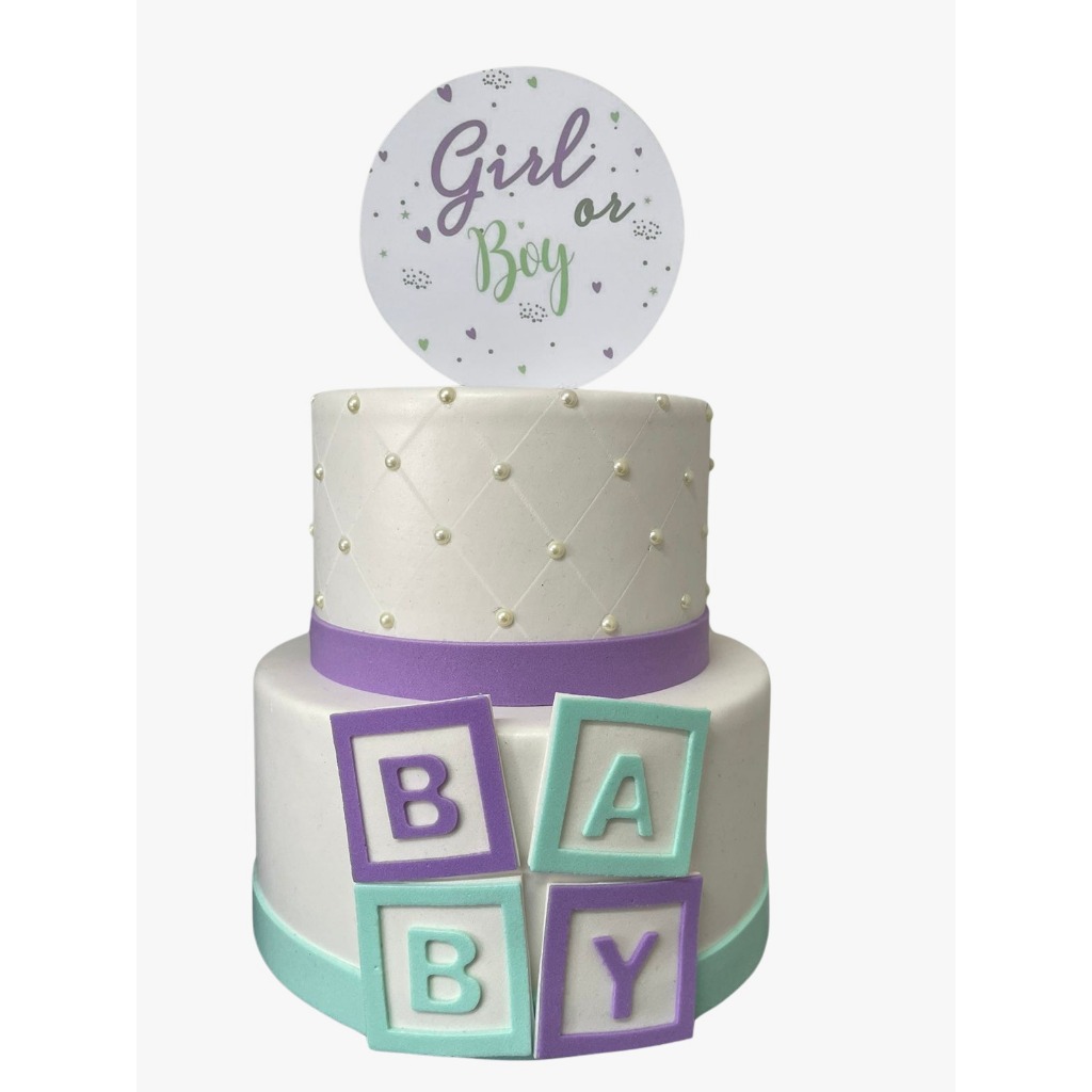 BOLO FAKE CHÁ REVELAÇÃO VERDE E LILÁS em Oferta na Shopee