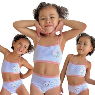 Kit 3 Conjuntos Menina Moça Gatinho Bordado Canelado Infantil Juvenil Topper Calcinha Lingerie