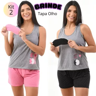 Kit 2 Pijama Adulto Feminino com Tapa Olho Roupa de Dormir Baby Doll Short Doll