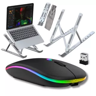 Kit Mouse Sem Fio Bluetooth C/ Suporte Alumínio Apoio Notebook Base Regulável Articulado Home Office
