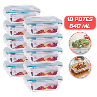 Kit 10 Potes de Vidro 640ml Hermético Marmita Fit com Tampa 4 Travas