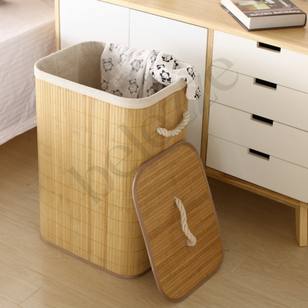 Cesto de Roupa Suja Bambu Com Tampa e Alças 50 Litros Grande Organizador Multiuso