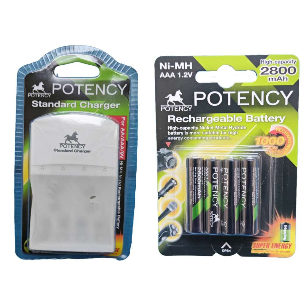 Kit Carregador + 4 Pilhas AAA 2800/AAA2700/AA4700/AA4800mah Potency Recarregável