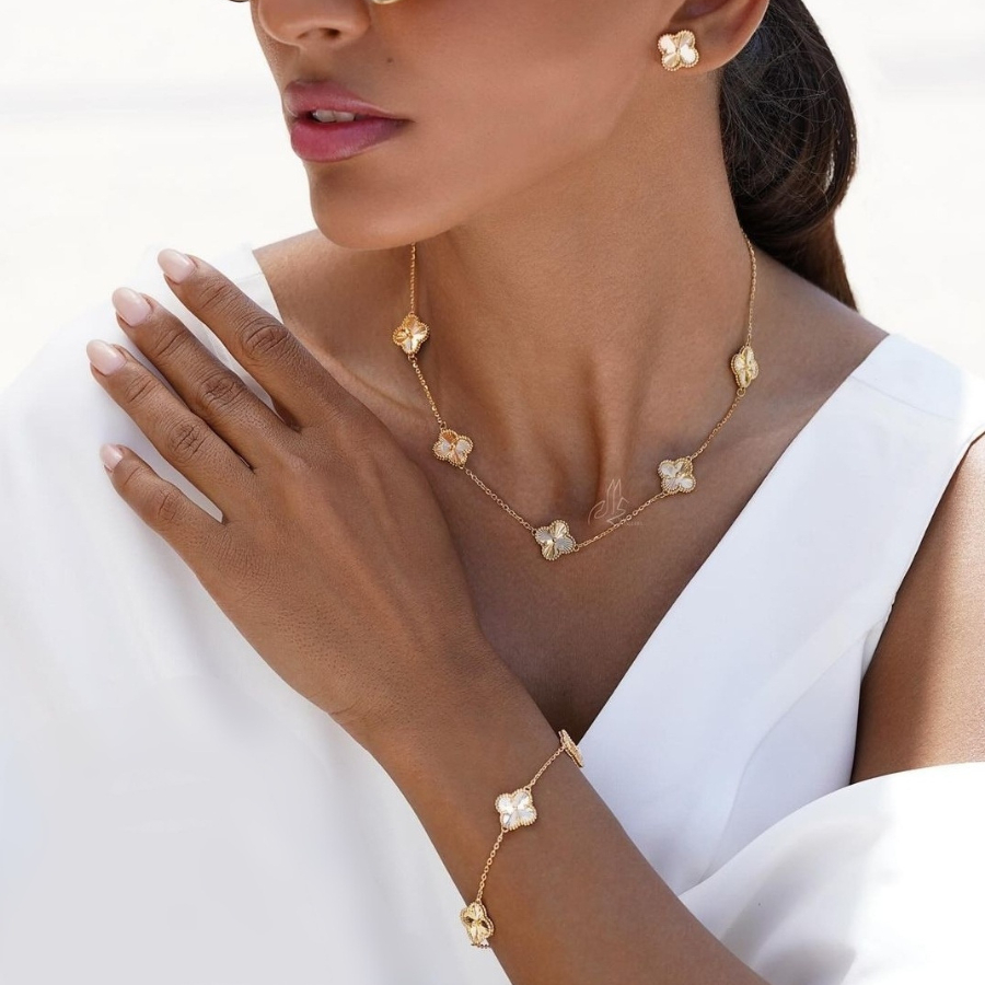 Conjunto Brinco Colar e Pulseira Trevo Acessórios Femininos Folheados Brincos Femeninos Bijuterias