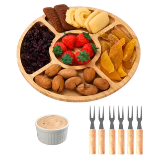 Petisqueira Redonda De Bambu Com Kit De Garfos E Ramekin