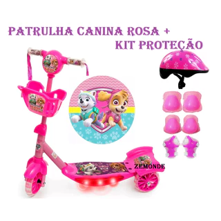 Patinete Menina Rosa Patrulha canina Sky Musical 3 Rodas Cestas e Luzes Patrulha Canina azul menino Vingadores Frozen