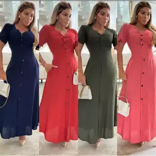 Vestido Longo Com Botões e Manga Midi em Oferta na Shopee