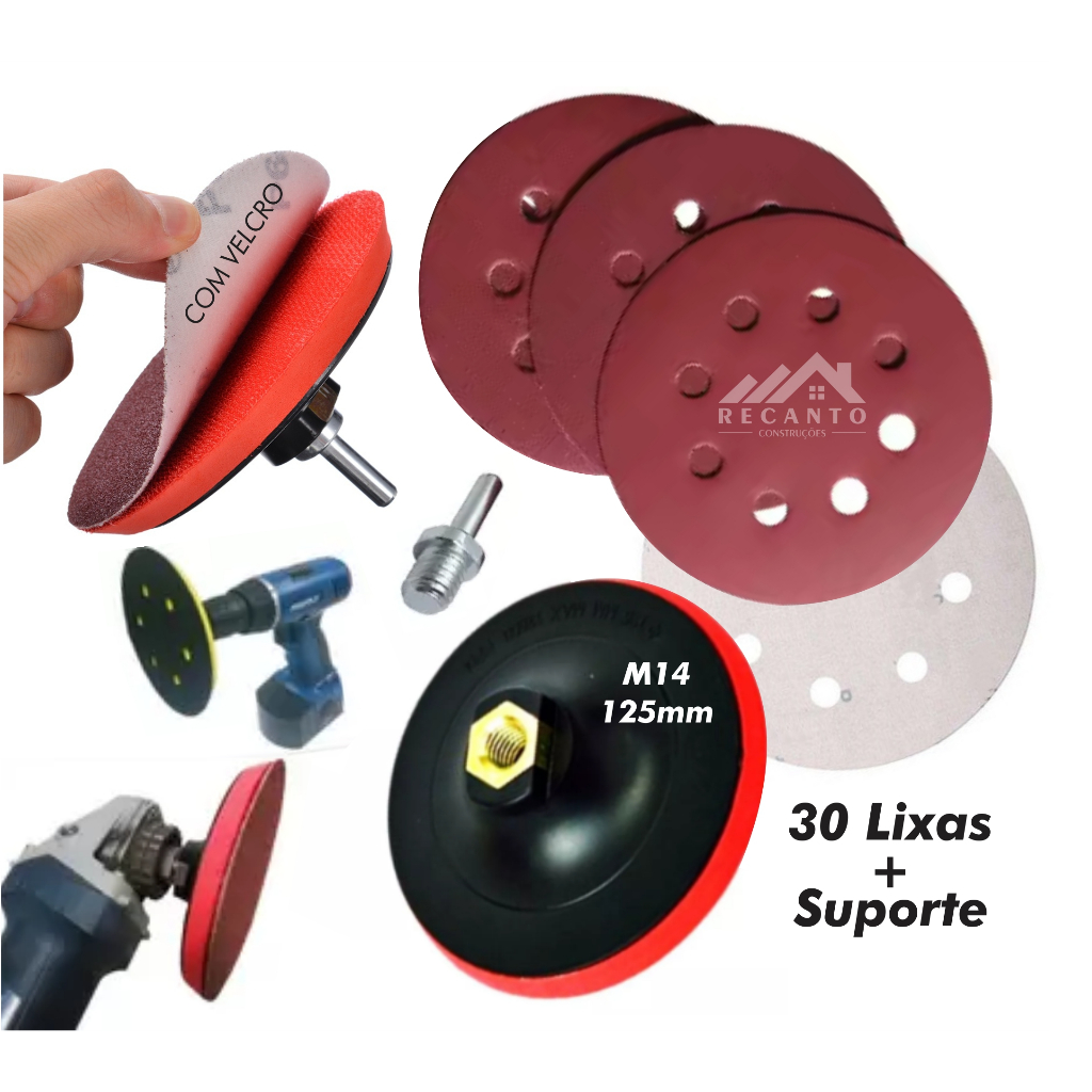 Kit 30 Discos Lixa 125mm + Suporte De Boina Furadeira Lixadeira Esmerilhadeira Adaptador M14 com Velcro