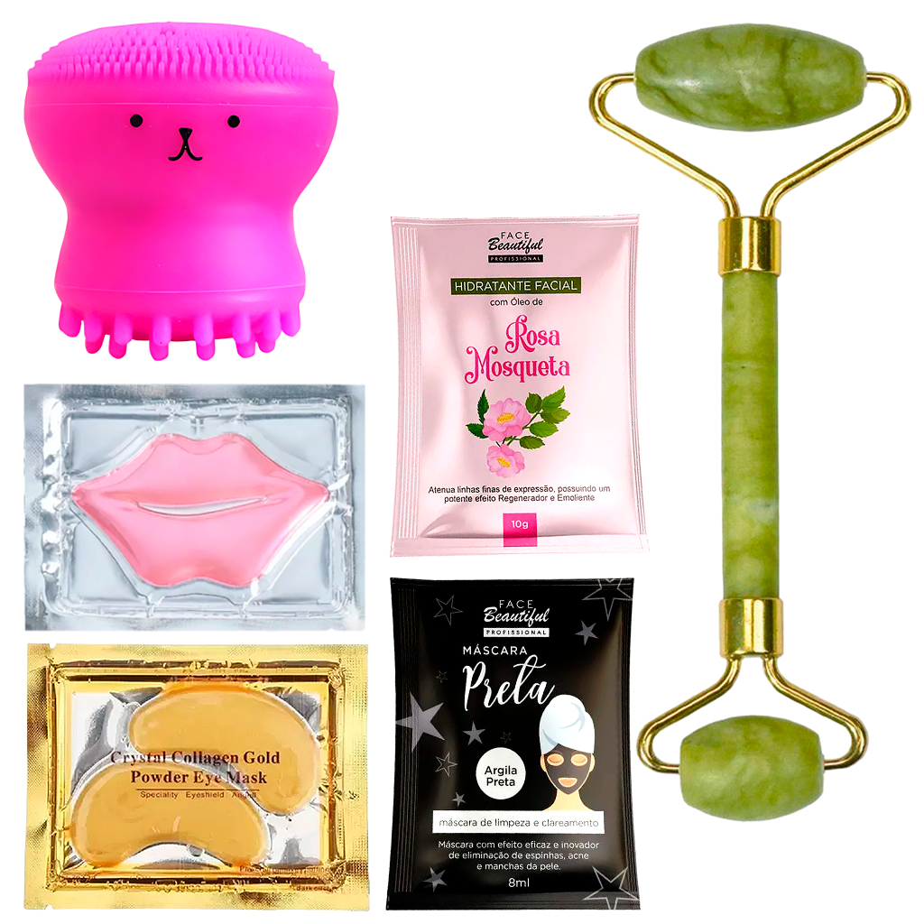 Kit Skincare Facial Polvo + Pad Labial e Olheira + Rolo Jade + Máscara Hidratante e Purificante