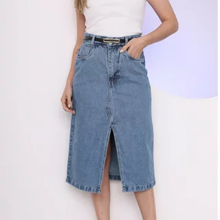 Saia jeans com fenda acompanha cinto feminino novo