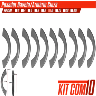 KitC/ 10 Puxadores Armarios Gavetas 96mm Cinza Reforçado para Móveis, Guarda Roupa