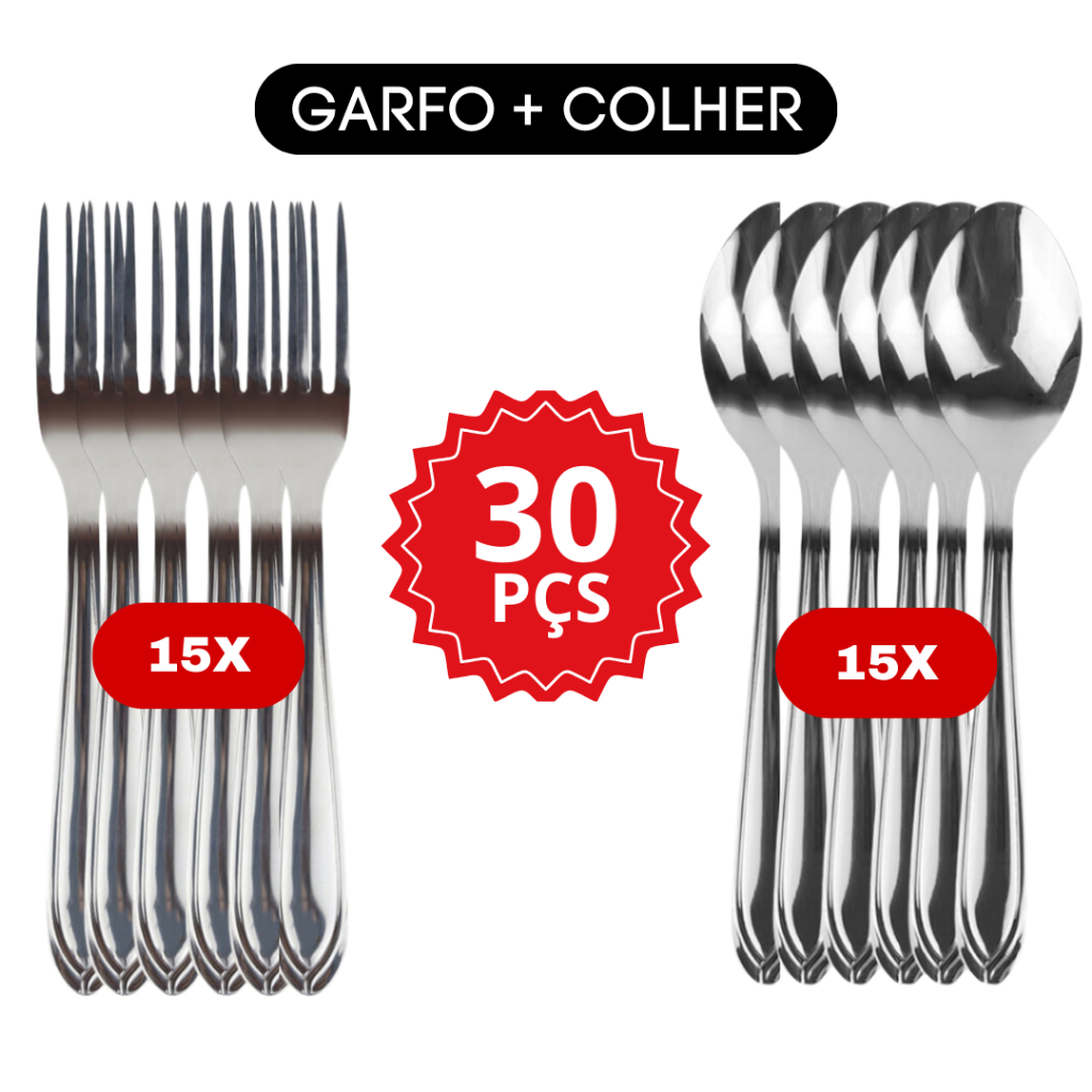 Jogo Talher Colher e Garfo Inox 30 peças para Restaurante Buffet Cozinha