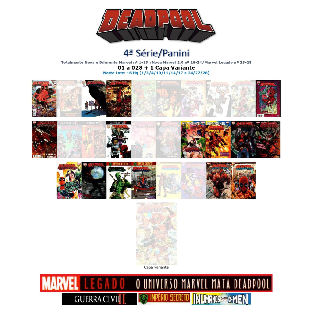 Deadpool - 4ª Série/panini - Lote 16 Hq (1/3/4/10/11/14/17 a 24/27/28)