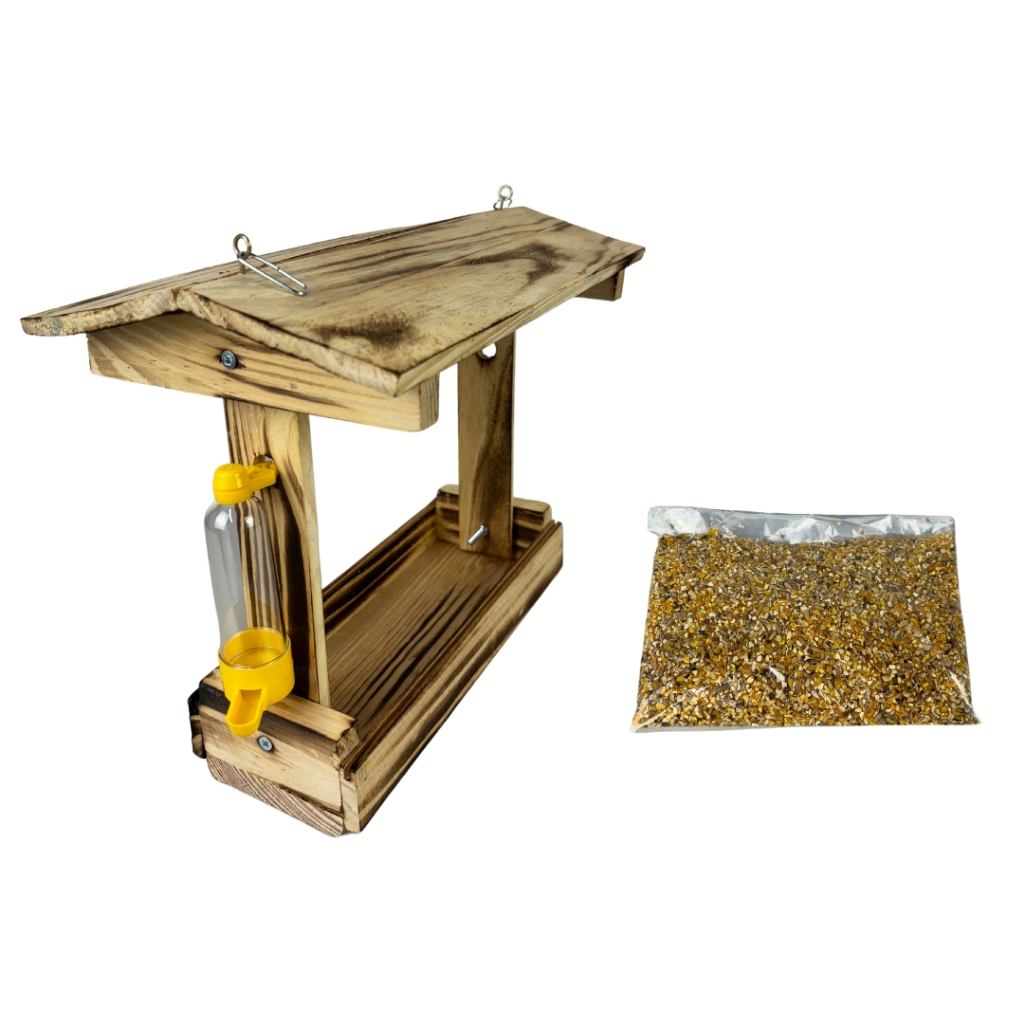 Comedouro Tratador com Bebedouro Pássaros Livres Porta Ração Queimado com Ração