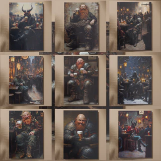 Posters/Quadros Decorativos Taverna Bons Amigos / Tamanho A3 - Artes Autorais de Fantasia Medieval, estilo pintura gótica, Dark Fantasy, Fantasia Escura, RPG, DnD, pintura antiga, anime, elden ring, dark souls, bloodborne, dragons dogma, cerveja