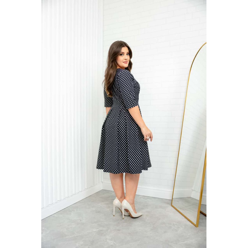 Vestido Godê Delicado de bolinhas com Pregas Manga 3/4 Lindíssimo.