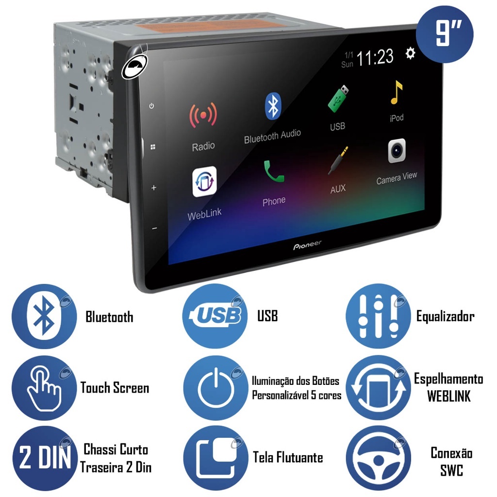 Multimídia Pioneer 9" Polegadas DMH-AF555BT Flutuante 9"