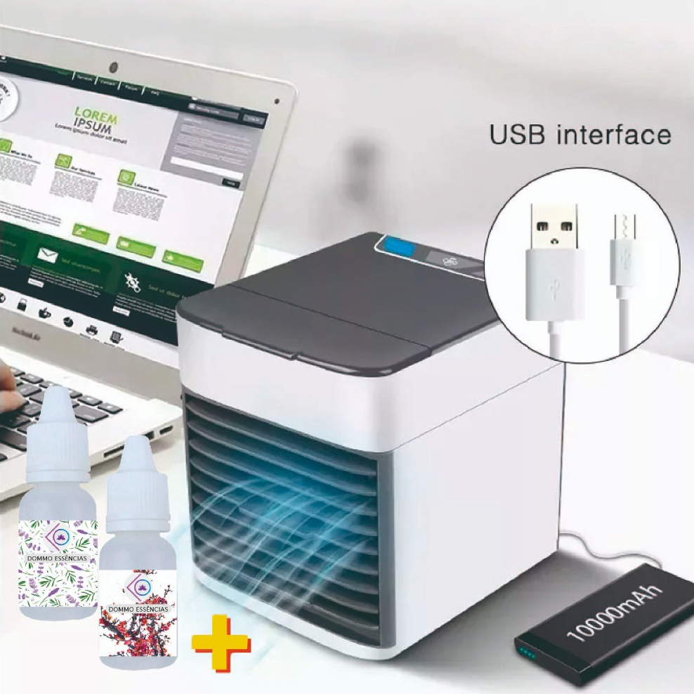 Mini Ar-Condicionado 3 em 1, Umidificador, Climatizador e Ventilador GRANDE 500ml + 1 ou 2 Essências