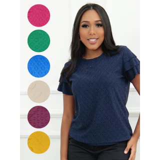 Blusinha Básica Feminina Laise Babado Manga Curta Para o Verão
