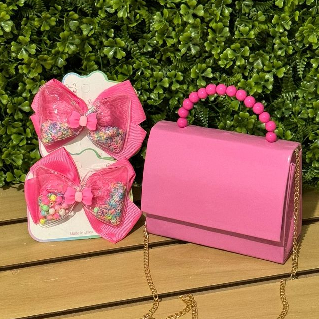 kit bolsa perola + laço para meninas